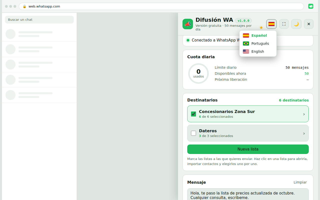 Panel de Difusión Fácil WA junto a WhatsApp Web